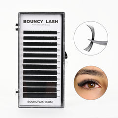 BouncyLash 12-row cashmere lash tray with 8–15 mm length labels, lash fan close-up and application result.