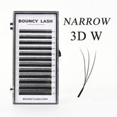 BouncyLash Narrow 3D W lash extension tray with 8–15 mm length labels and a three-fiber lash fan illustration.