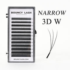 BouncyLash Narrow 3D W lash extension tray with 8–15 mm length labels and a three-fiber lash fan illustration.
