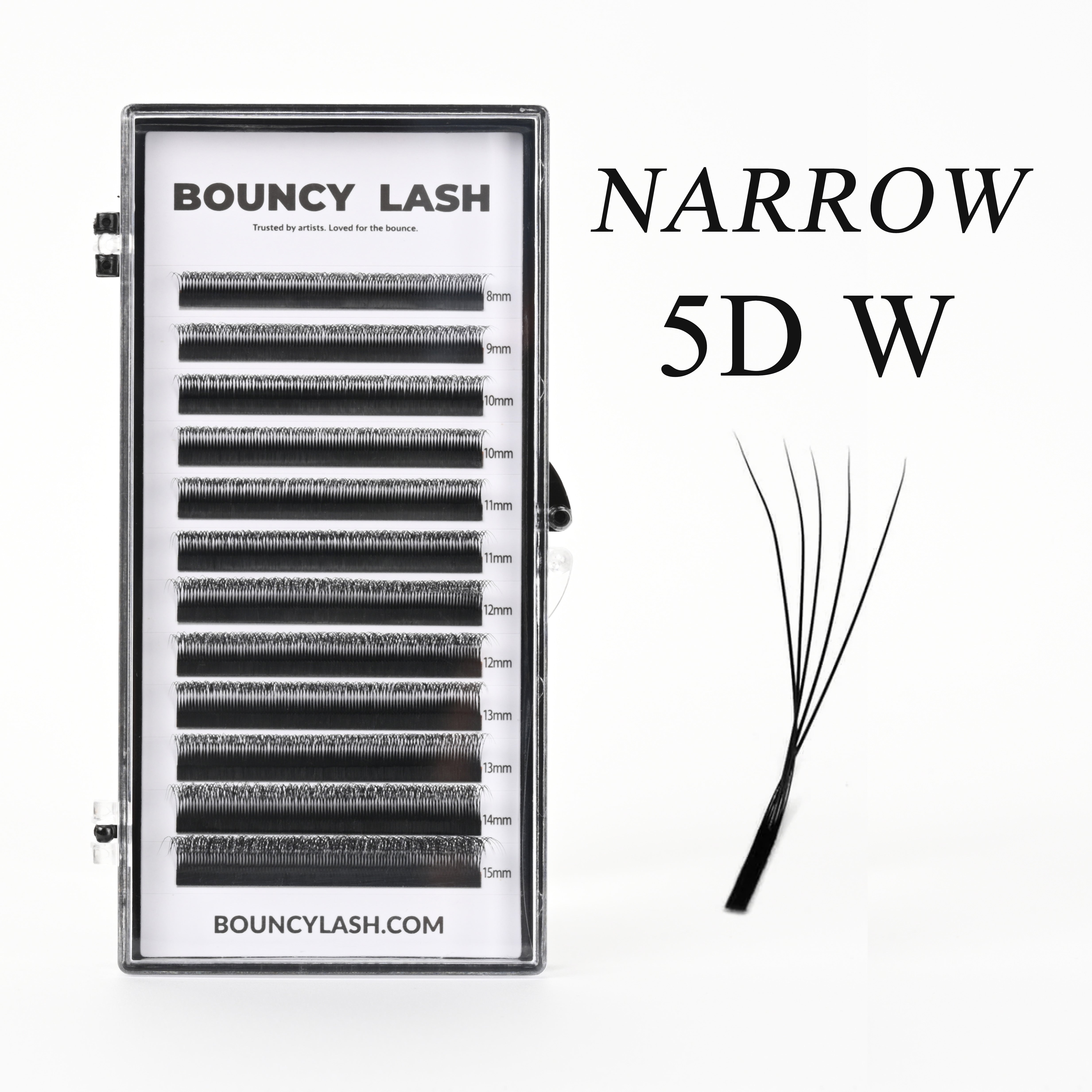 BouncyLash Narrow 5D W lash extension tray with 8–15 mm length labels and a five-fiber lash fan illustration.