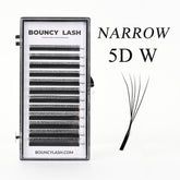 BouncyLash Narrow 5D W lash extension tray with 8–15 mm length labels and a five-fiber lash fan illustration.