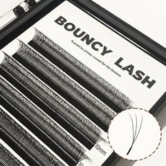 Close-up of BouncyLash Narrow 3D W lash rows with an inset illustration showing the three-fiber fan shape.