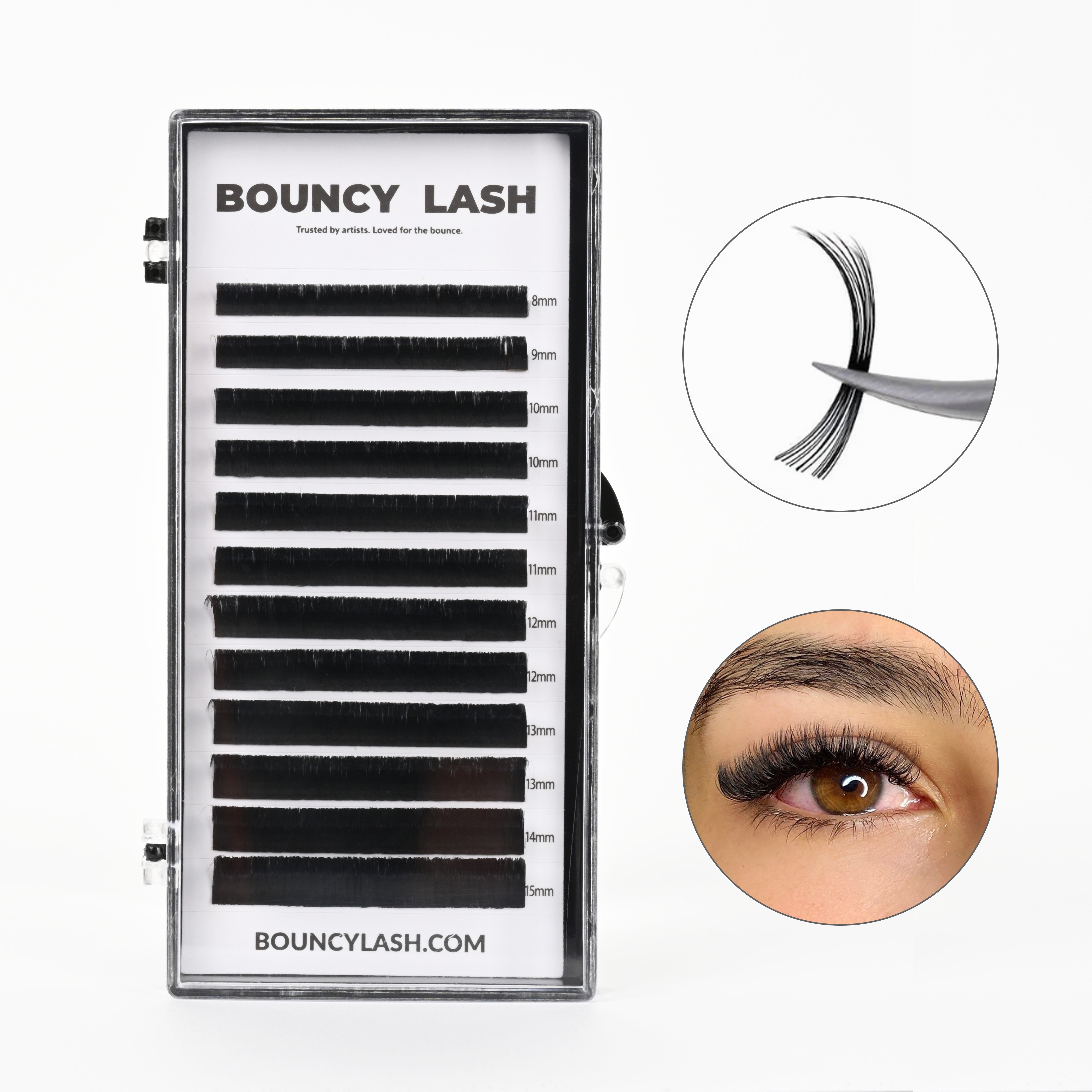 BouncyLash 12-row cashmere lash tray with 8–15 mm length labels, lash fan close-up and application result.