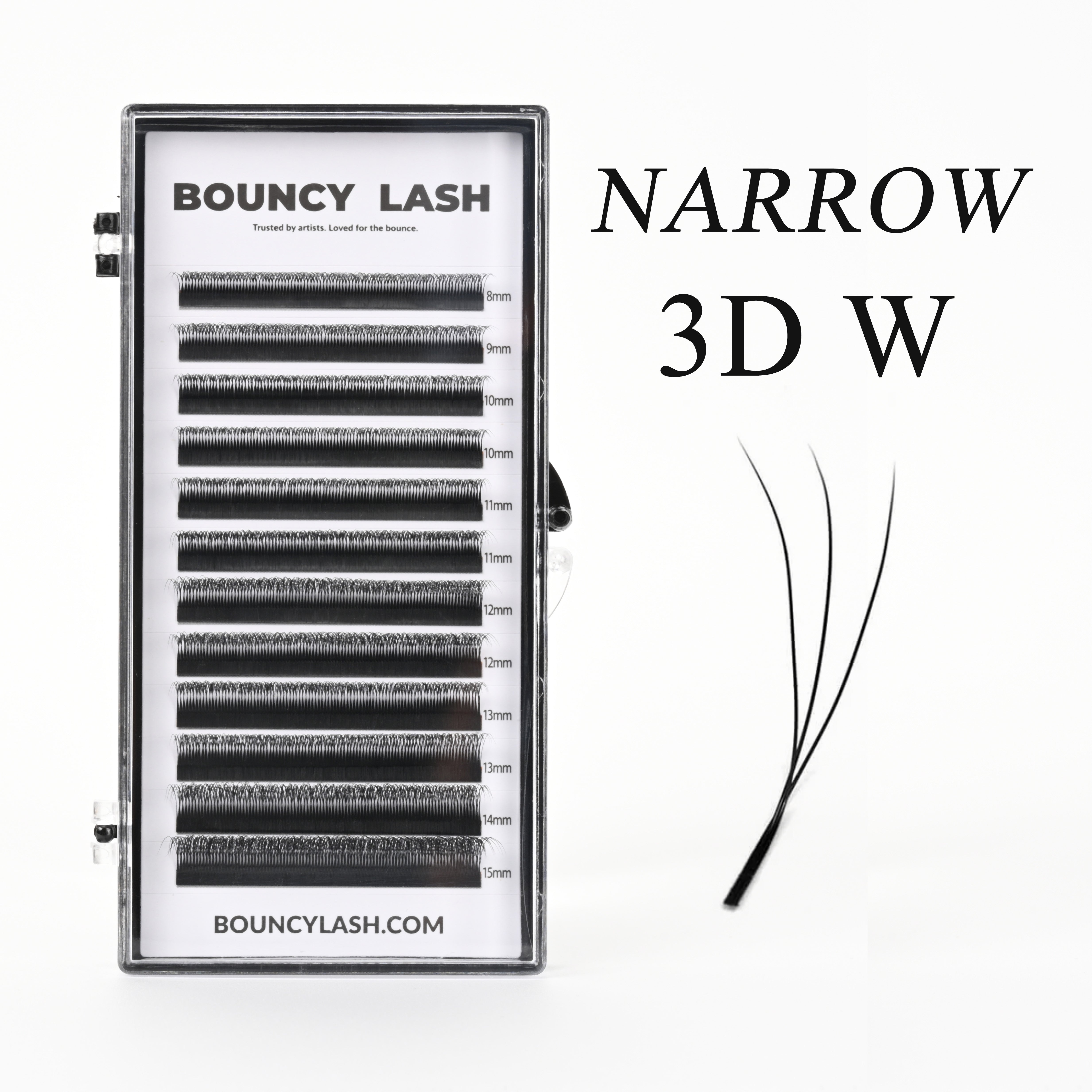 BouncyLash Narrow 3D W lash extension tray with 8–15 mm length labels and a three-fiber lash fan illustration.