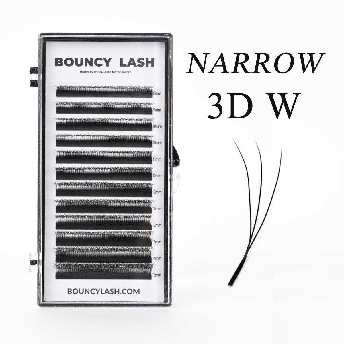BouncyLash Narrow 3D W lash extension tray with 8–15 mm length labels and a three-fiber lash fan illustration.