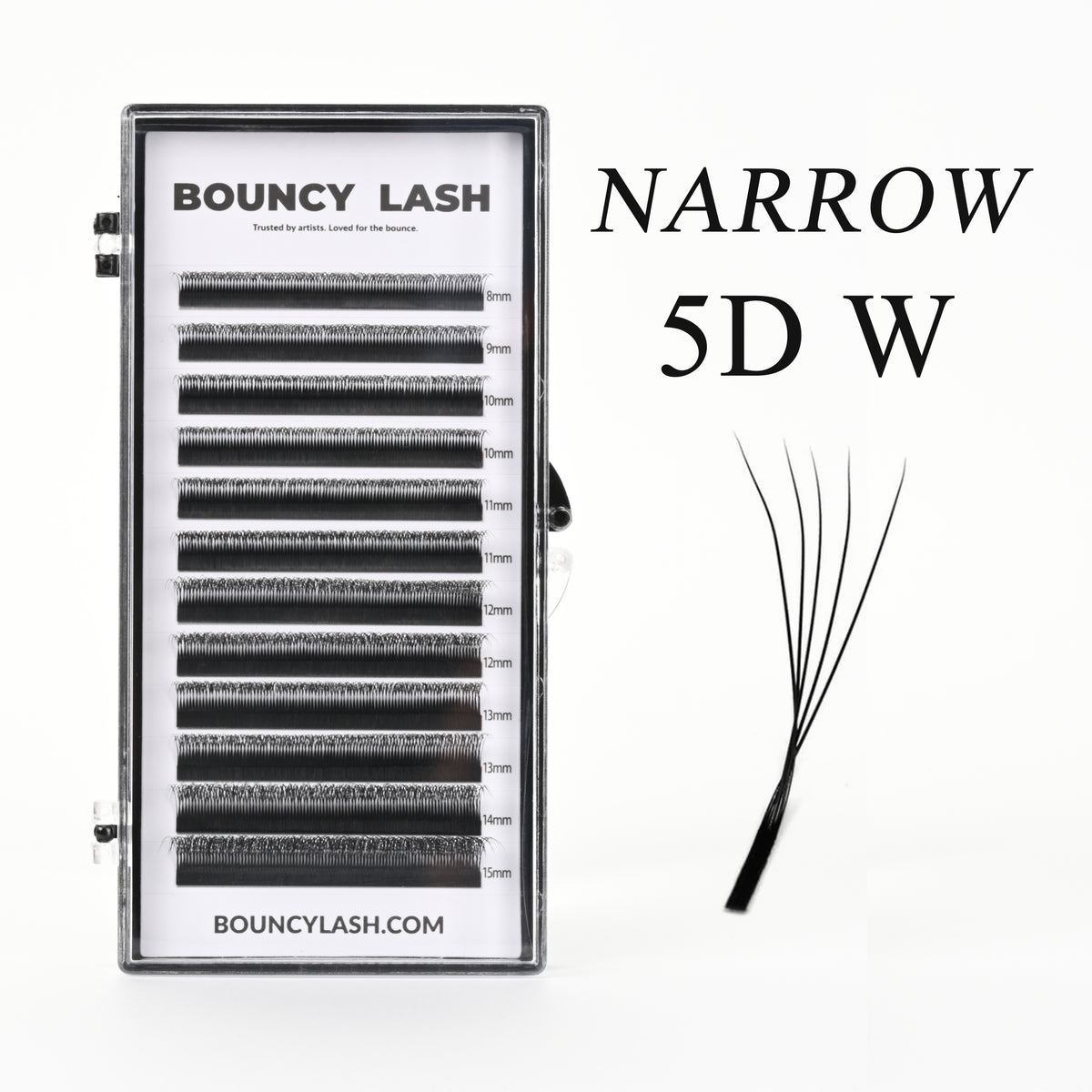 BouncyLash Narrow 5D W lash extension tray with 8–15 mm length labels and a five-fiber lash fan illustration.