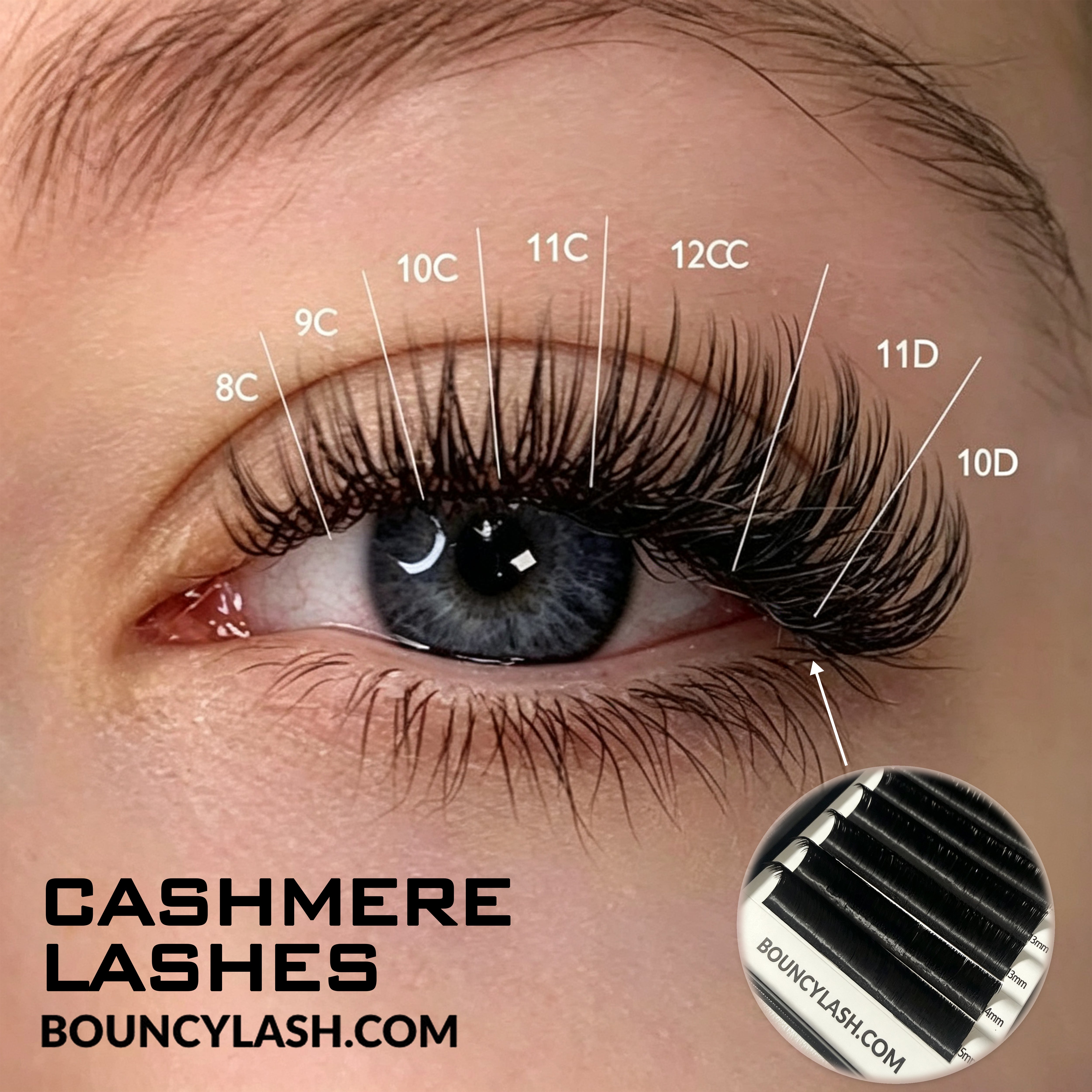 Cashmere lash extension styling map showing lengths from 8 to 12 mm and a mix of C, CC and D curls.