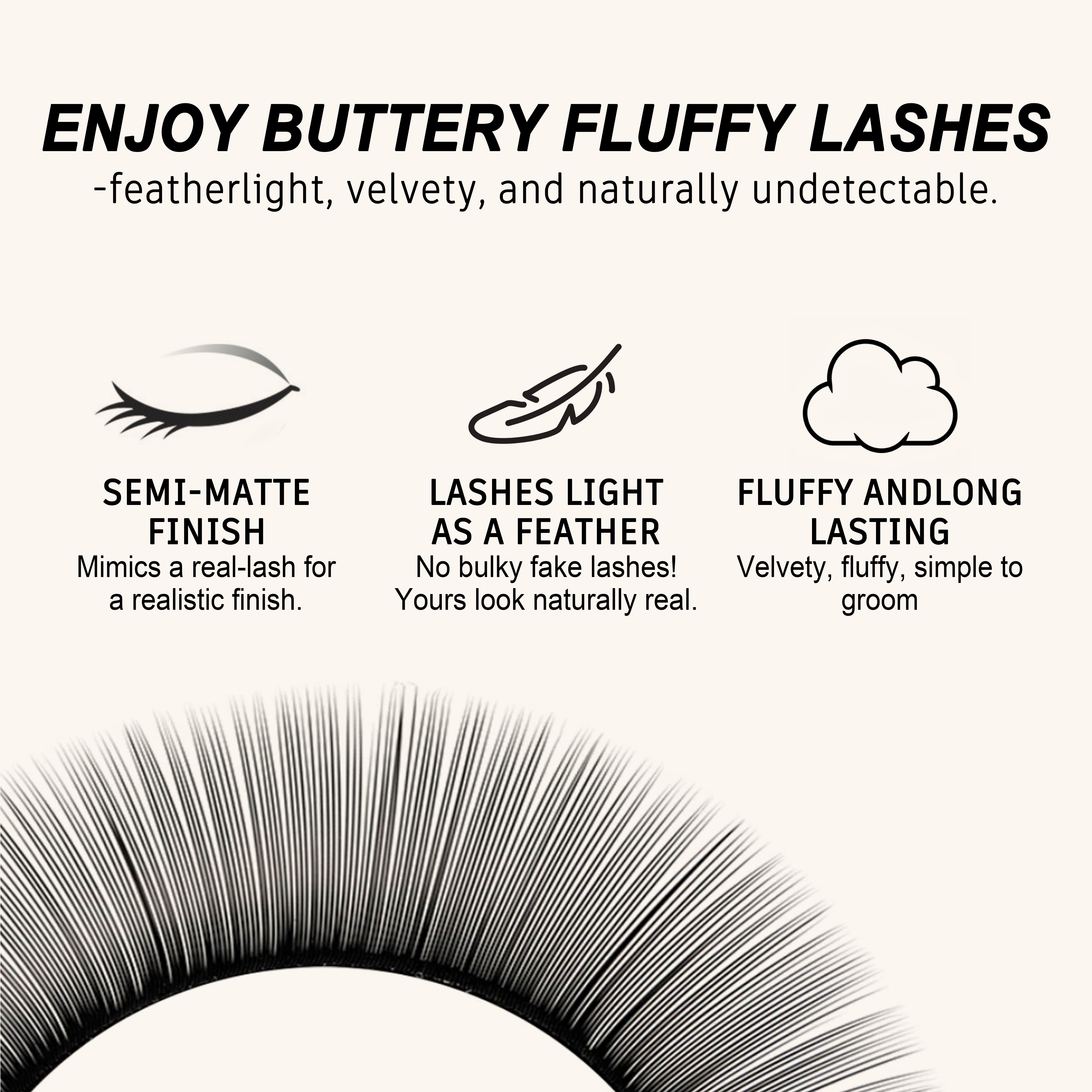 Cashmere lash fiber close-up with illustrations highlighting a semi-matte finish, lightweight feel and fluffy texture.