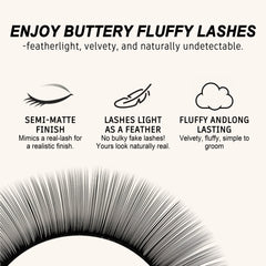 Cashmere lash fiber close-up with illustrations highlighting a semi-matte finish, lightweight feel and fluffy texture.